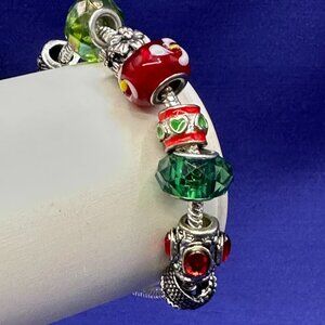 Pandora-Style .925 Bracelet w/13 Red & Green Charms. Christmas/Holiday Accessory